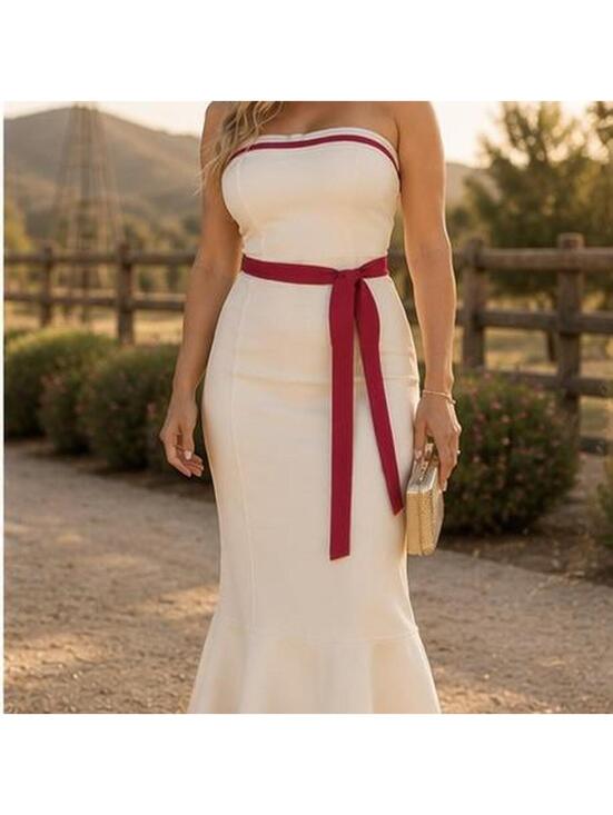 New York & Company Dresses & Skirts - Strapless White Dress with Pink Waist Tie and Hem Accent